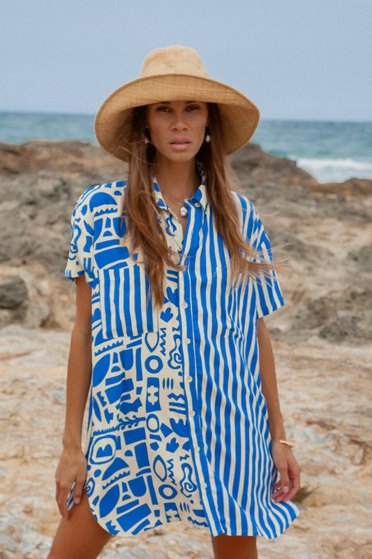 Geo Shirt Dress- Blue